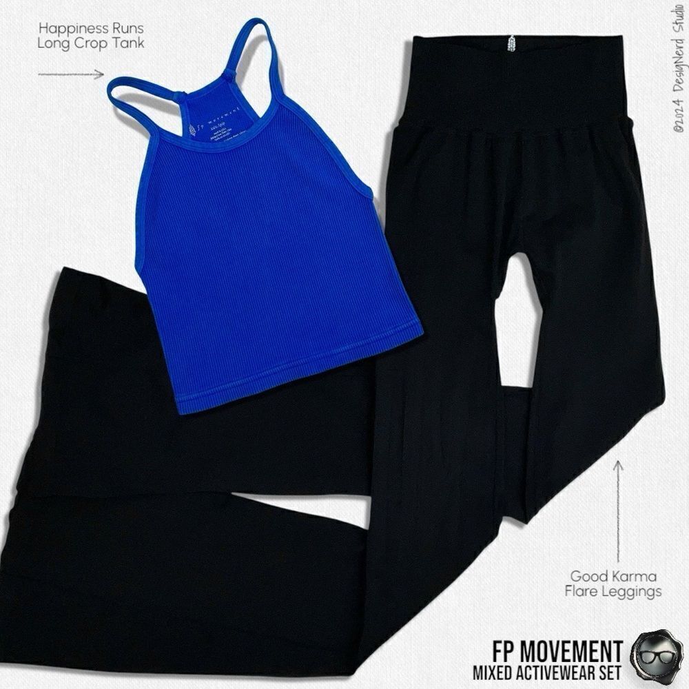 FP MOVEMENT SET: HAPPINESS RUNS LONG CROP + GOOD KARMA FLARE LEGGINGS BLUE/BLACK